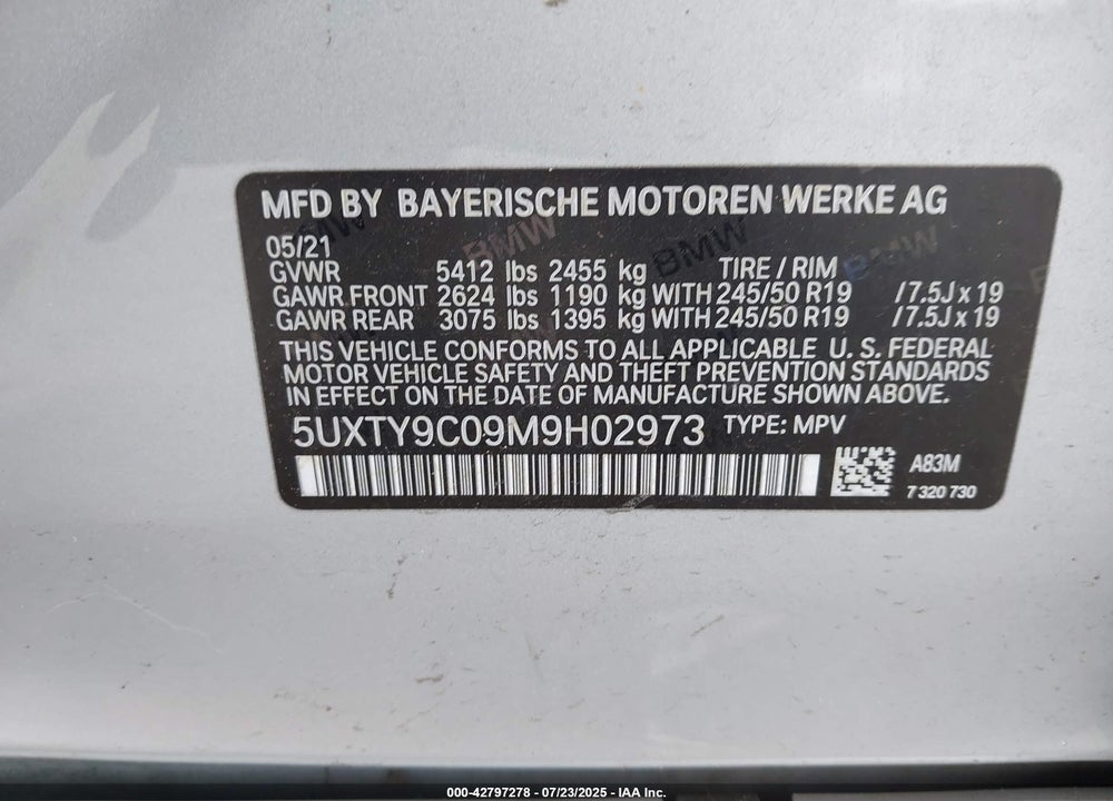2021 BMW X3 VIN: 5UXTY9C09M9H02973