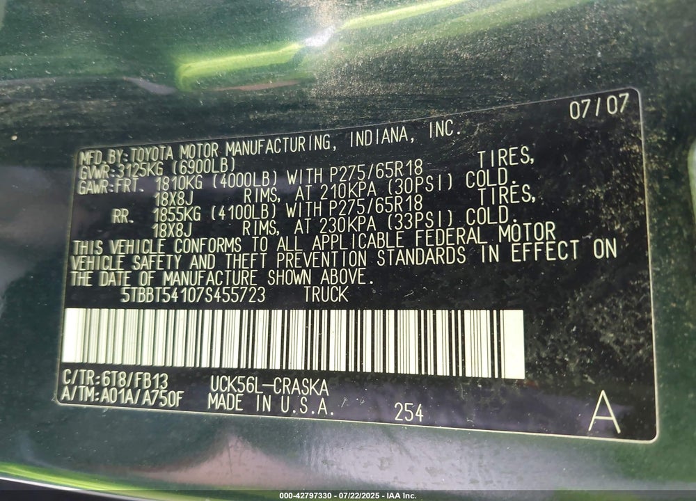 2007 TOYOTA TUNDRA VIN: 5TBBT54107S455723