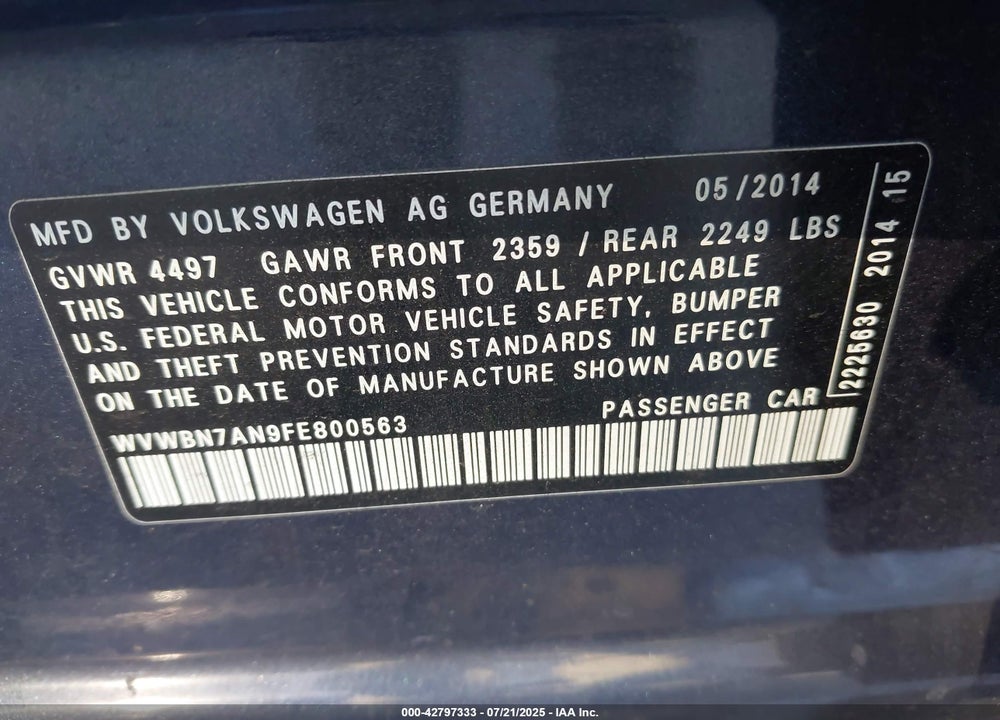 2015 VOLKSWAGEN CC VIN: WVWBN7AN9FE800563