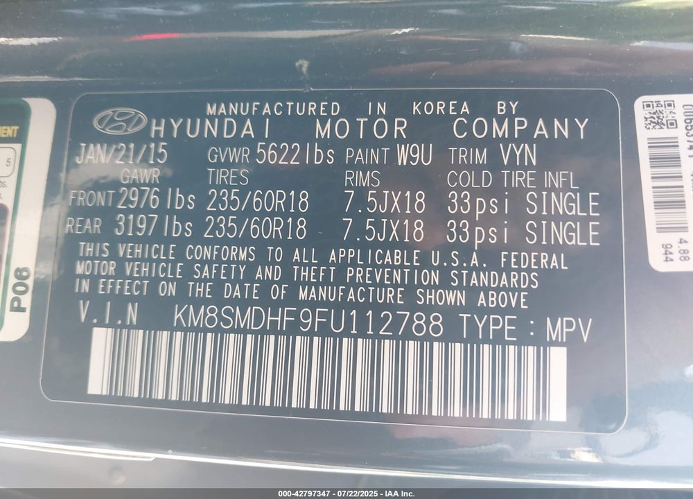2015 HYUNDAI SANTA FE VIN: KM8SMDHF9FU112788