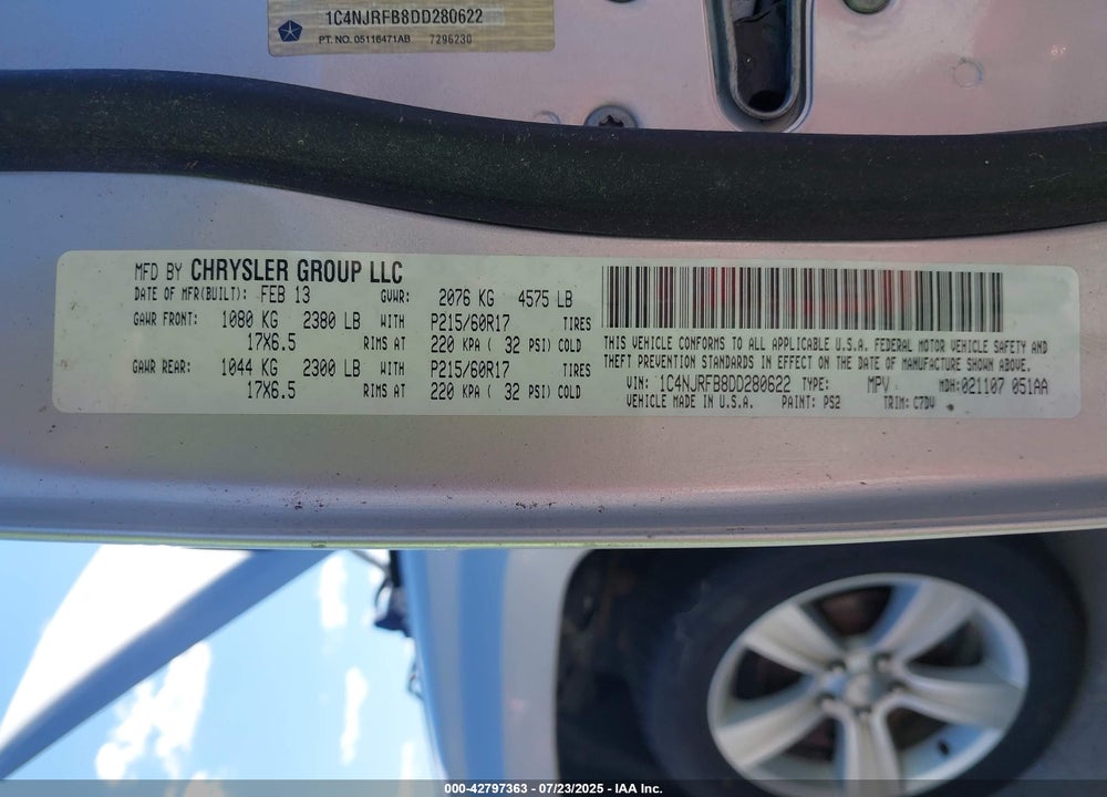 2013 JEEP PATRIOT VIN: 1C4NJRFB8DD280622