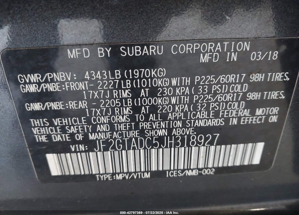 2018 SUBARU CROSSTREK 2.0I PREMIUM VIN: JF2GTADC5JH318927