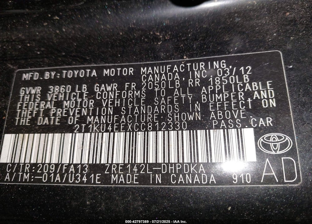 2012 TOYOTA MATRIX VIN: 2T1KU4EEXCC812330