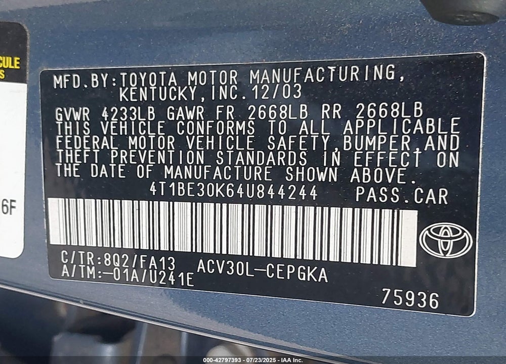 2004 TOYOTA CAMRY XLE VIN: 4T1BE30K64U844244
