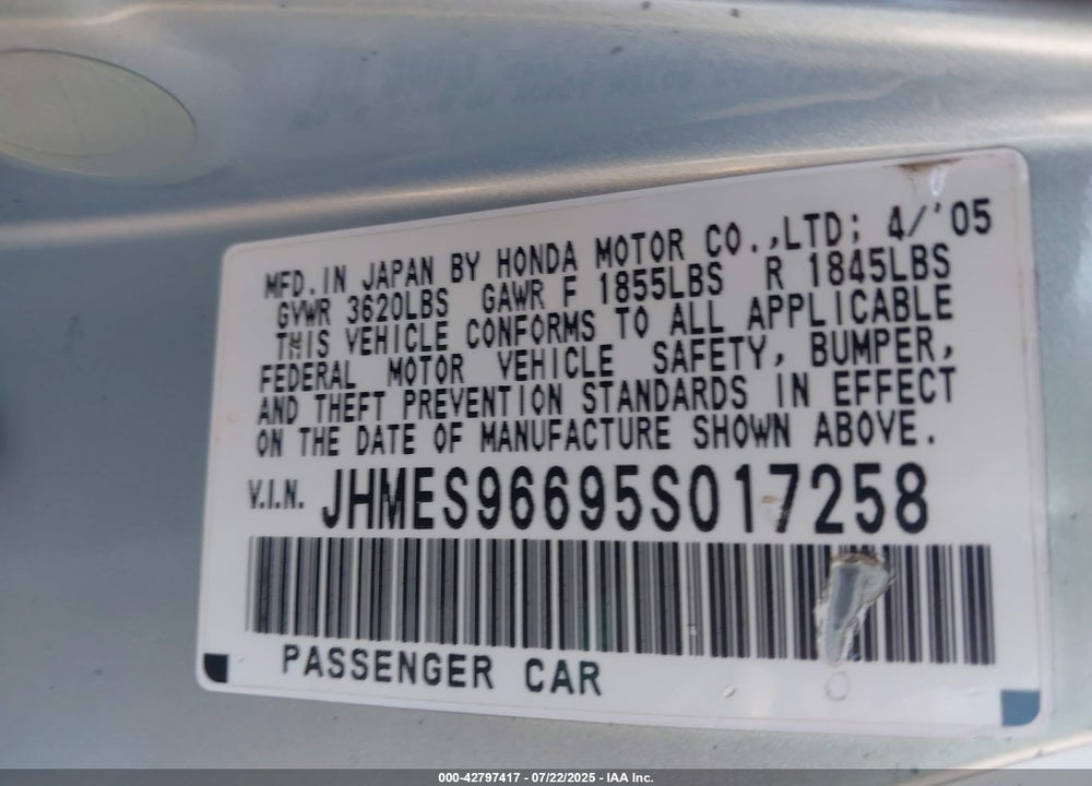 2005 HONDA CIVIC HYBRID VIN: JHMES96695S017258