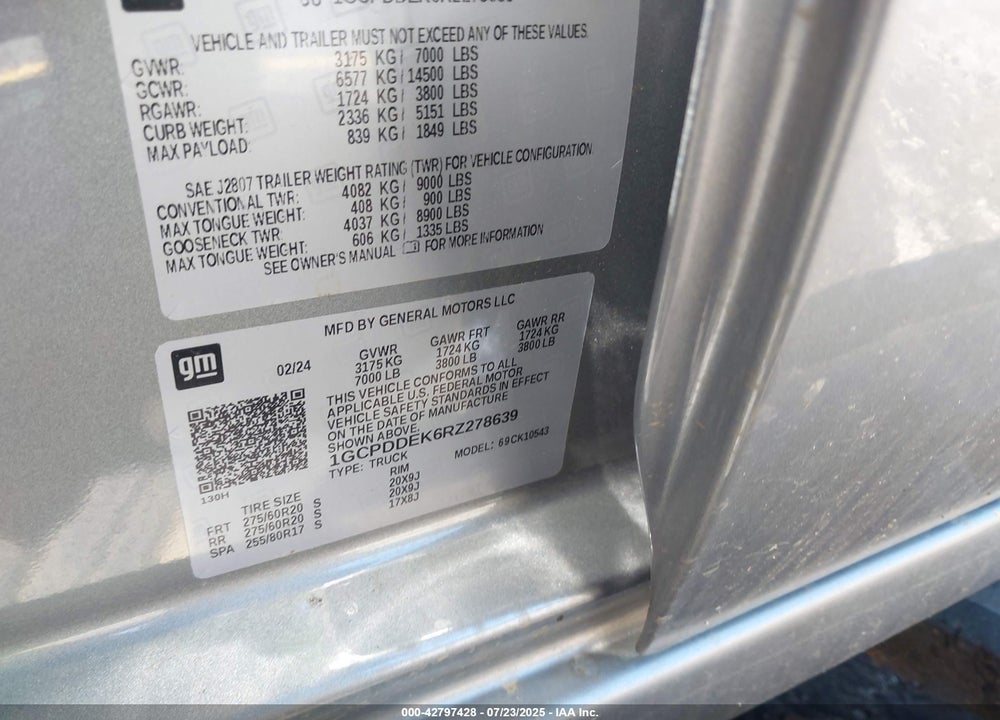 2024 CHEVROLET SILVERADO 1500 VIN: 1GCPDDEK6RZ278639