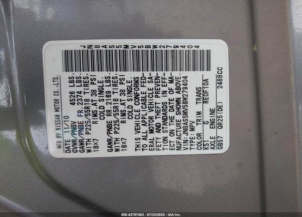 2011 NISSAN ROGUE VIN: JN8AS5MV5BW279404