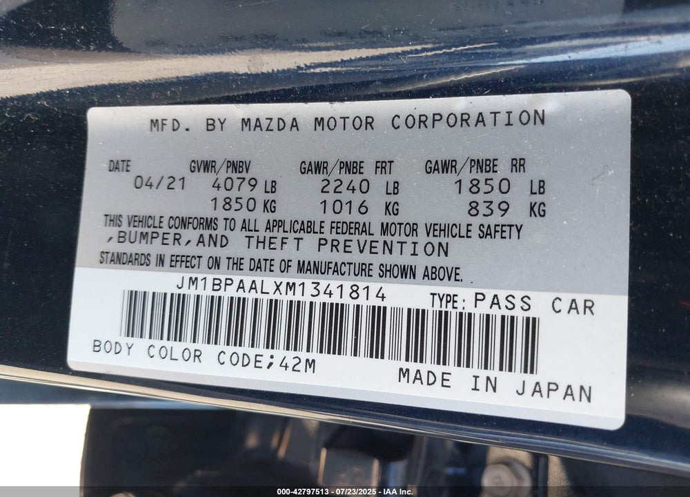2021 MAZDA 3 2.5 S VIN: JM1BPAALXM1341814