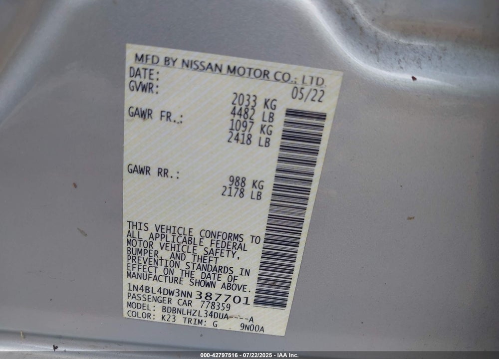 2022 NISSAN ALTIMA VIN: 1N4BL4DW3NN387701