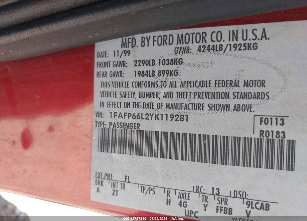 2000 FORD CONTOUR SE SPORT VIN: 1FAFP66L2YK119281