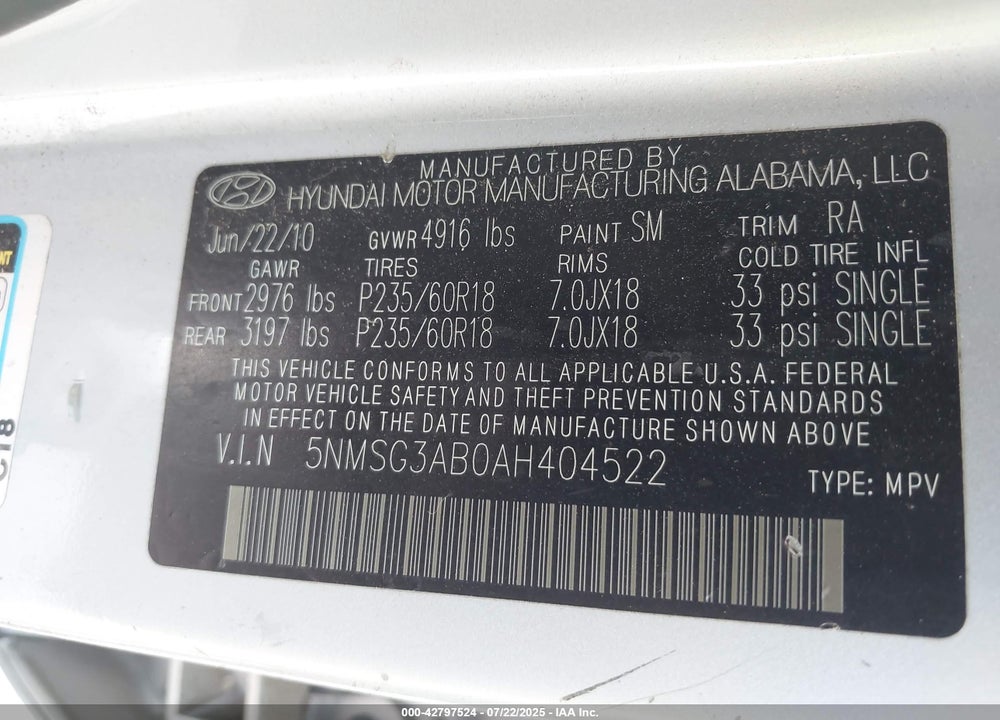 2010 HYUNDAI SANTA FE VIN: 5NMSG3AB0AH404522