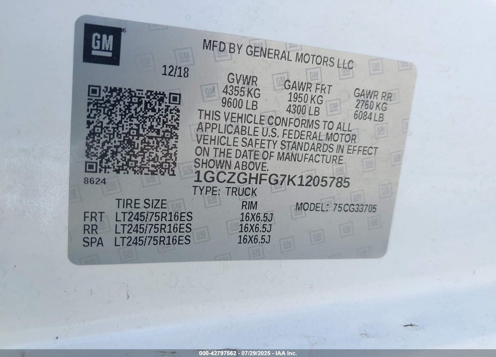 2019 CHEVROLET EXPRESS 3500 WORK VAN VIN: 1GCZGHFG7K1205785