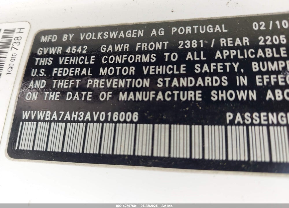 2010 VOLKSWAGEN EOS VIN: WVWBA7AH3AV016006