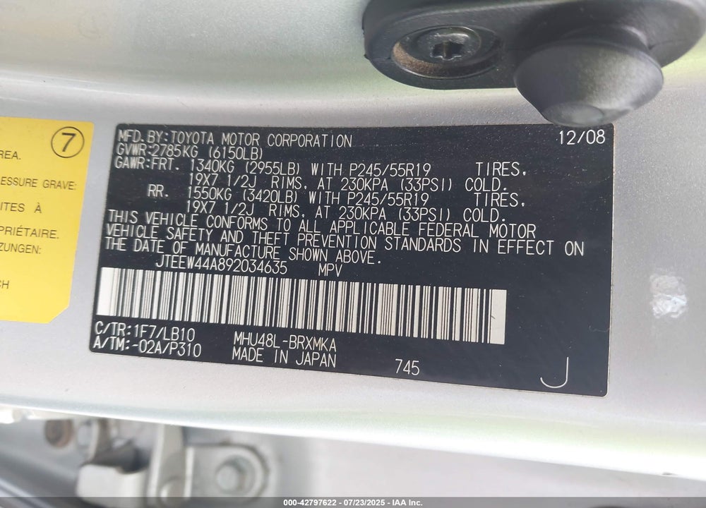 2009 TOYOTA HIGHLANDER HYBRID VIN: JTEEW44A892034635