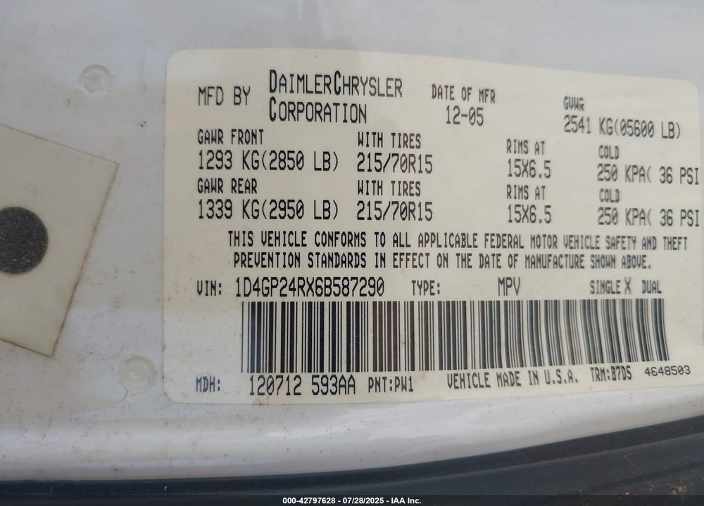 2006 DODGE GRAND CARAVAN VIN: 1D4GP24RX6B587290