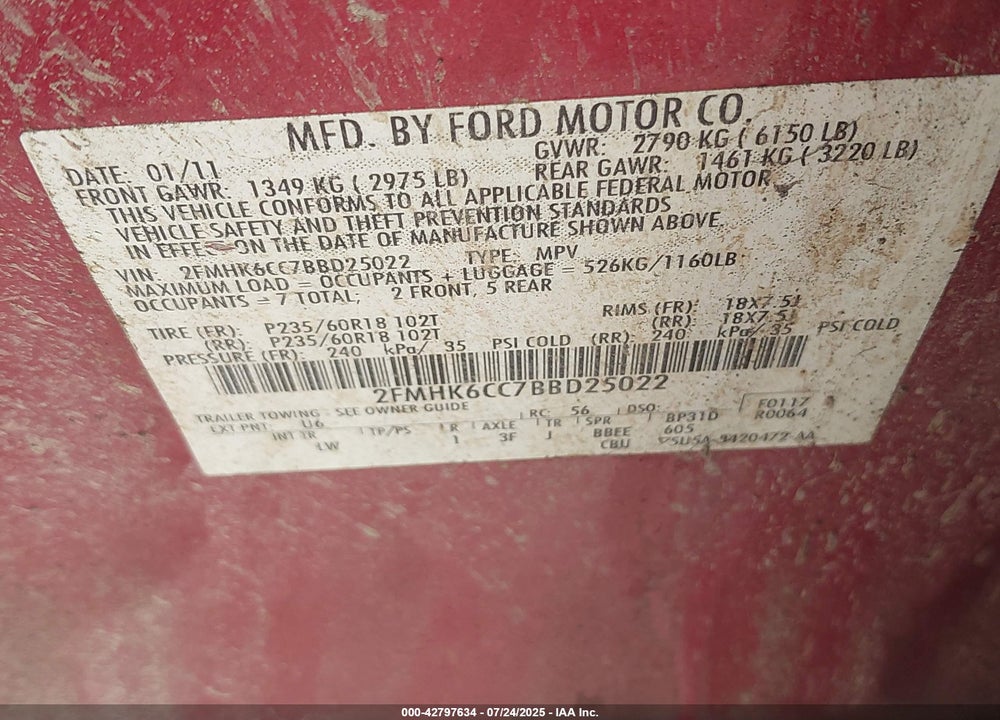 2011 FORD FLEX VIN: 2FMHK6CC7BBD25022