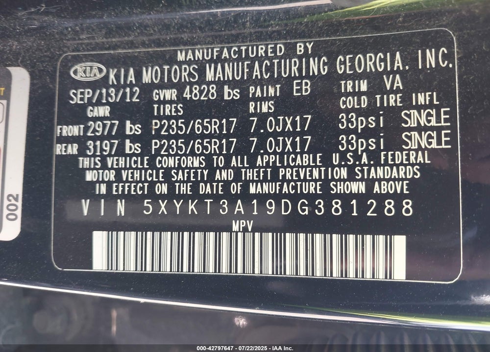 2013 KIA SORENTO VIN: 5XYKT3A19DG381288