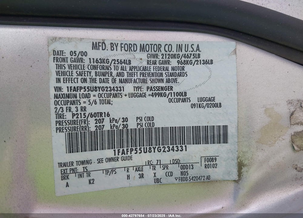 2000 FORD TAURUS SES VIN: 1FAFP55U8YG234331