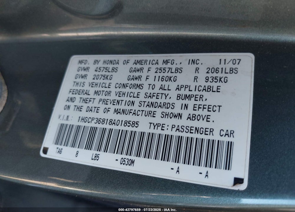 2008 HONDA ACCORD VIN: 1HGCP36818A018585