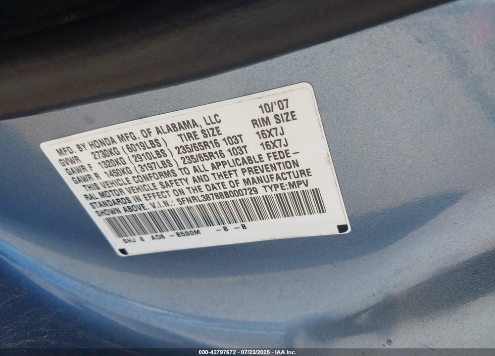 2008 HONDA ODYSSEY EX-L VIN: 5FNRL38788B000729