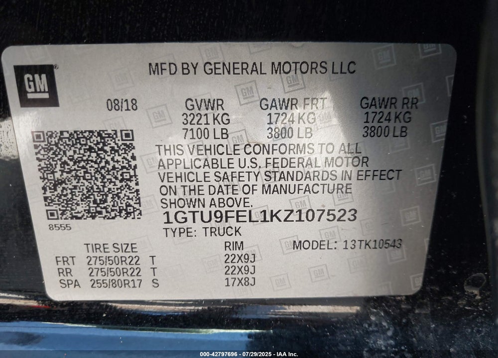 2019 GMC SIERRA 1500 VIN: 1GTU9FEL1KZ107523