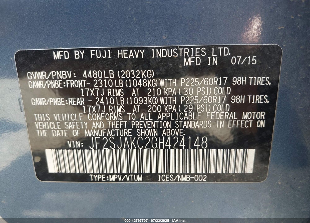 2016 SUBARU FORESTER VIN: JF2SJAKC2GH424148