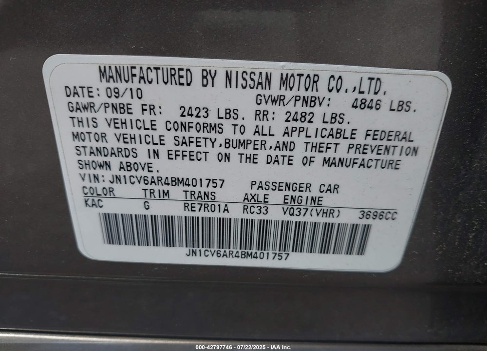 2011 INFINITI G37 VIN: JN1CV6AR4BM401757