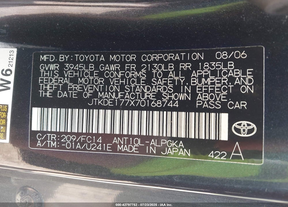 2007 SCION TC VIN: JTKDE177X70168744
