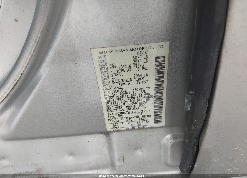 2007 NISSAN QUEST 3.5 VIN: 5N1BV28U47N141322