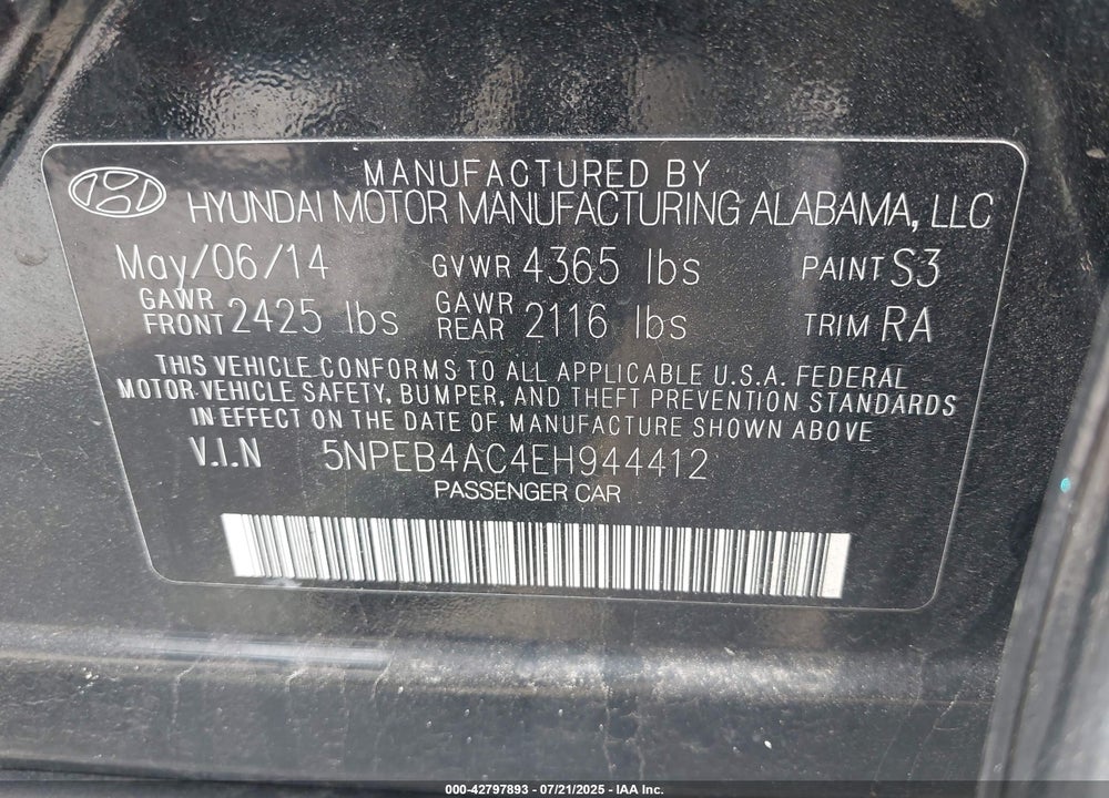 2014 HYUNDAI SONATA GLS VIN: 5NPEB4AC4EH944412