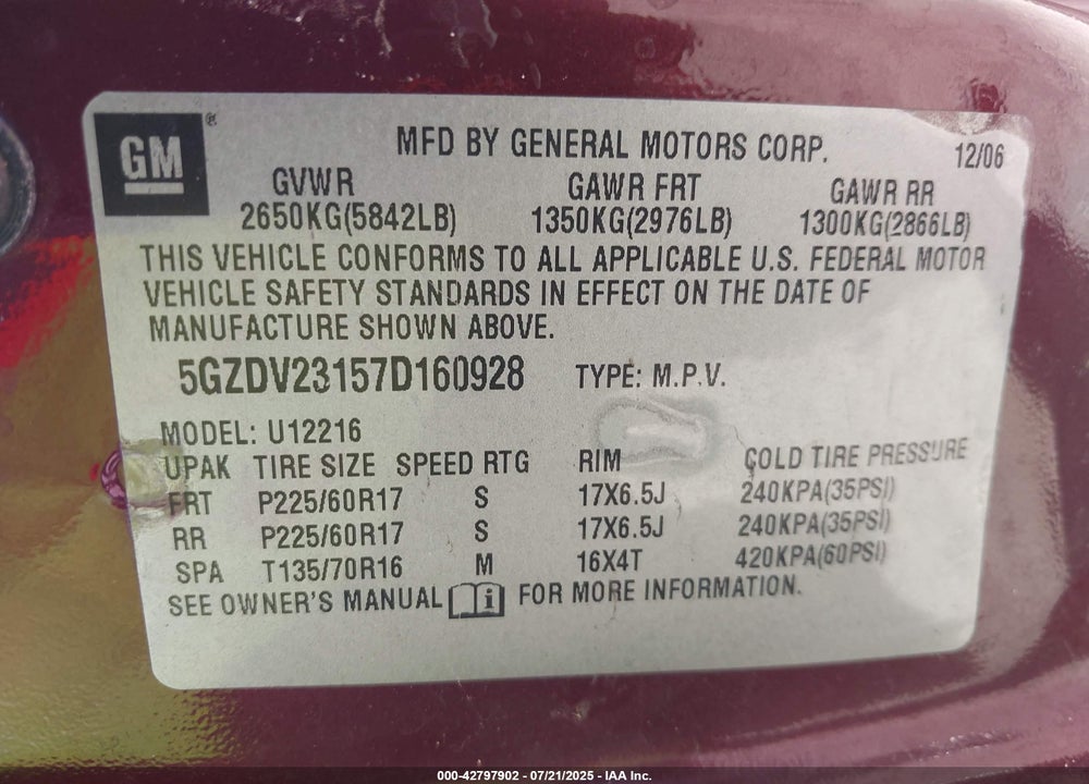 2007 SATURN RELAY 3 VIN: 5GZDV23157D160928