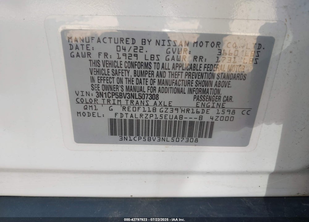 2022 NISSAN KICKS VIN: 3N1CP5BV3NL507308