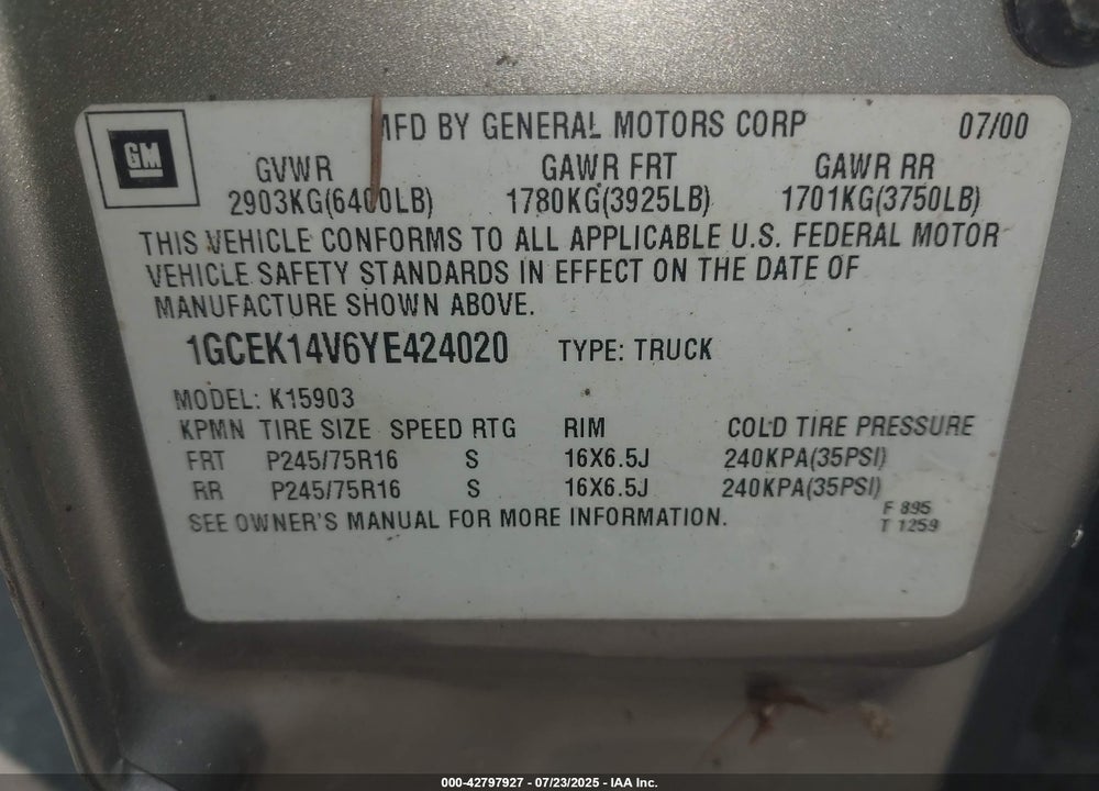 2000 CHEVROLET SILVERADO 1500 VIN: 1GCEK14V6YE424020