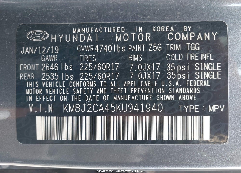 2019 HYUNDAI TUCSON VIN: KM8J2CA45KU941940