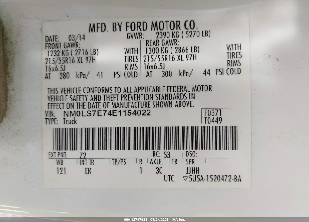 2014 FORD TRANSIT CONNECT VIN: NM0LS7E74E1154022