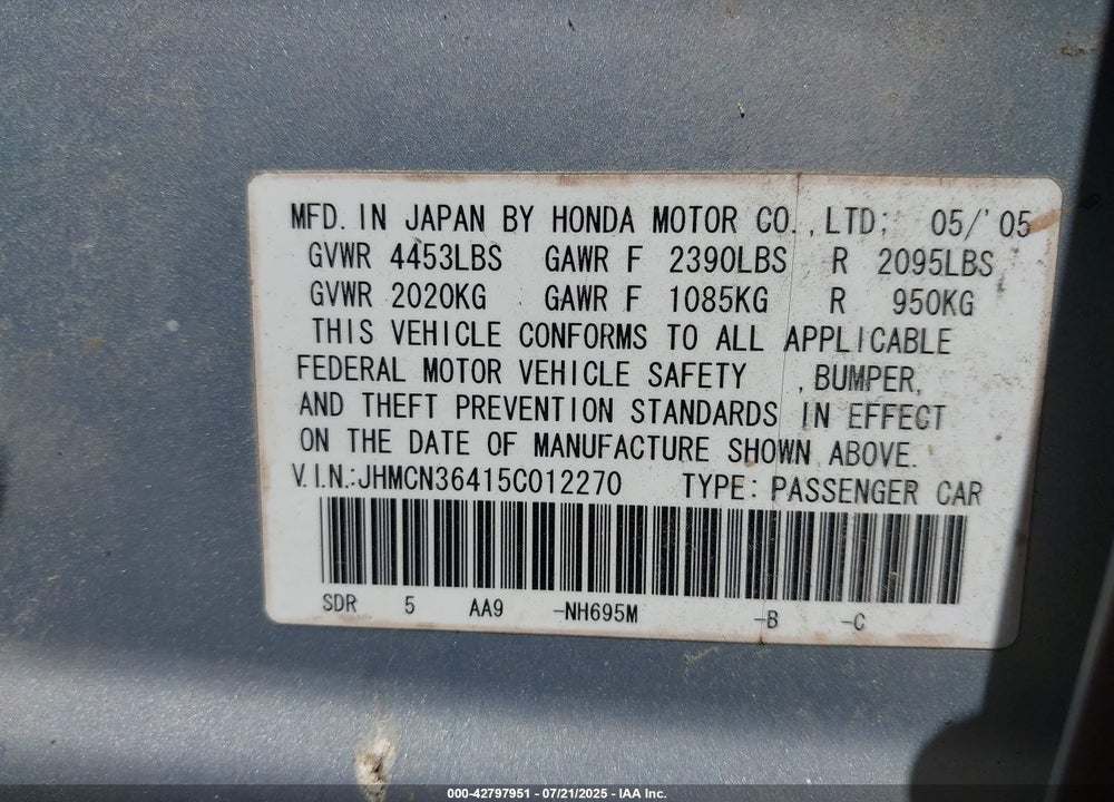 2005 HONDA ACCORD HYBRID IMA VIN: JHMCN36415C012270