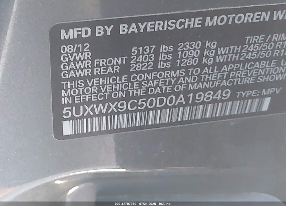 2013 BMW X3 XDRIVE28I VIN: 5UXWX9C50D0A19849