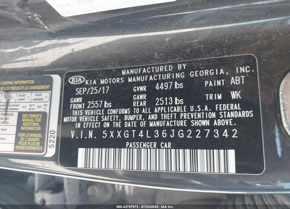 2018 KIA OPTIMA S VIN: 5XXGT4L36JG227342