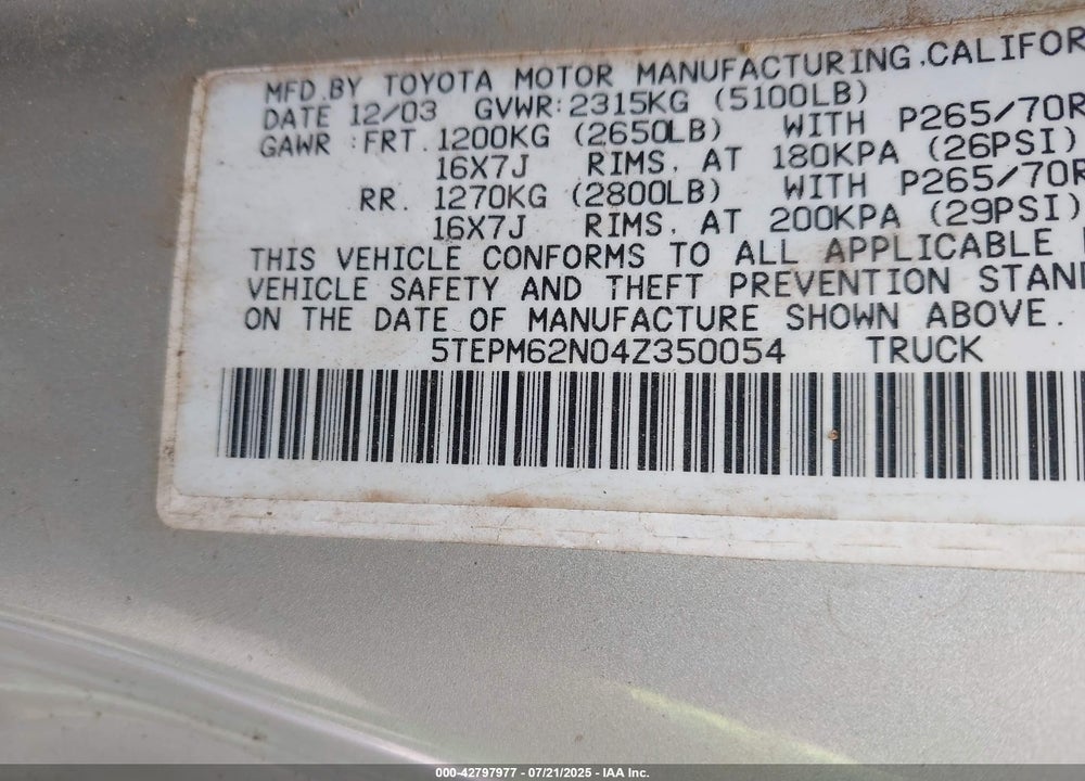2004 TOYOTA TACOMA VIN: 5TEPM62N04Z350054