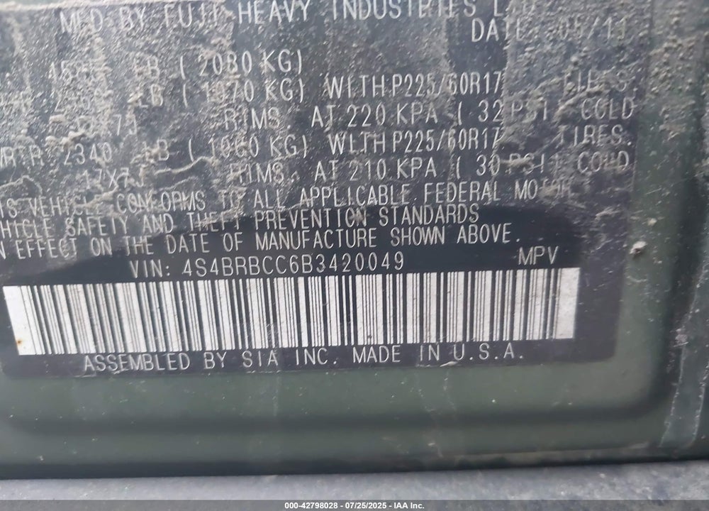 2011 SUBARU OUTBACK VIN: 4S4BRBCC6B3420049