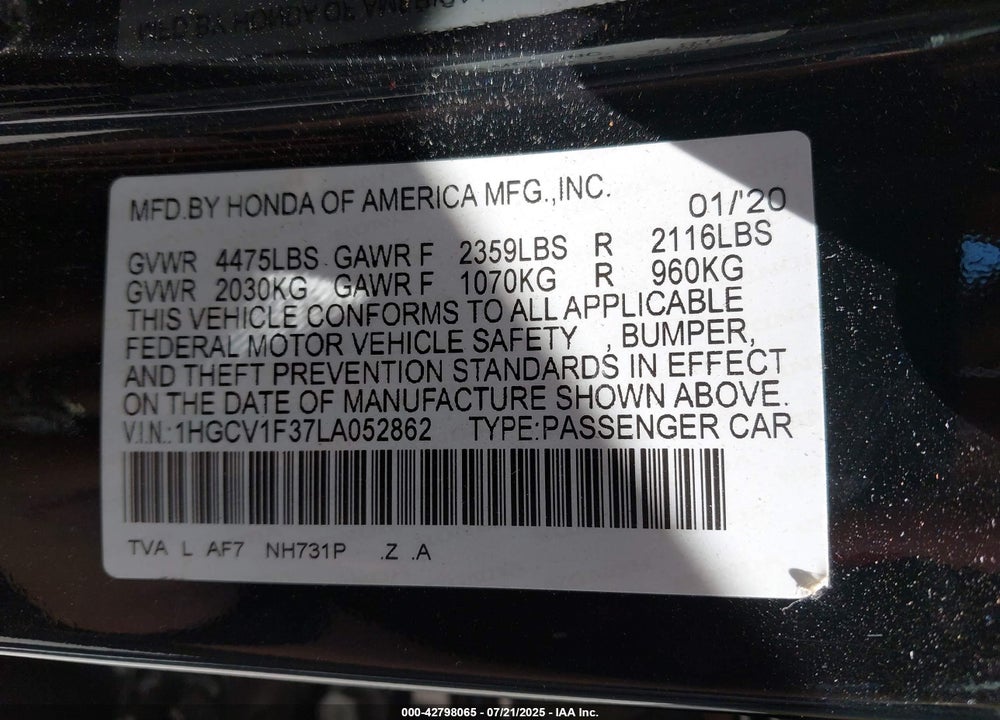 2020 HONDA ACCORD VIN: 1HGCV1F37LA052862