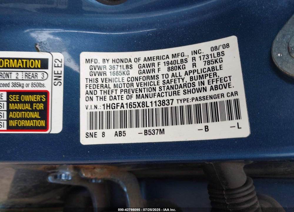 2008 HONDA CIVIC VIN: 1HGFA165X8L113837