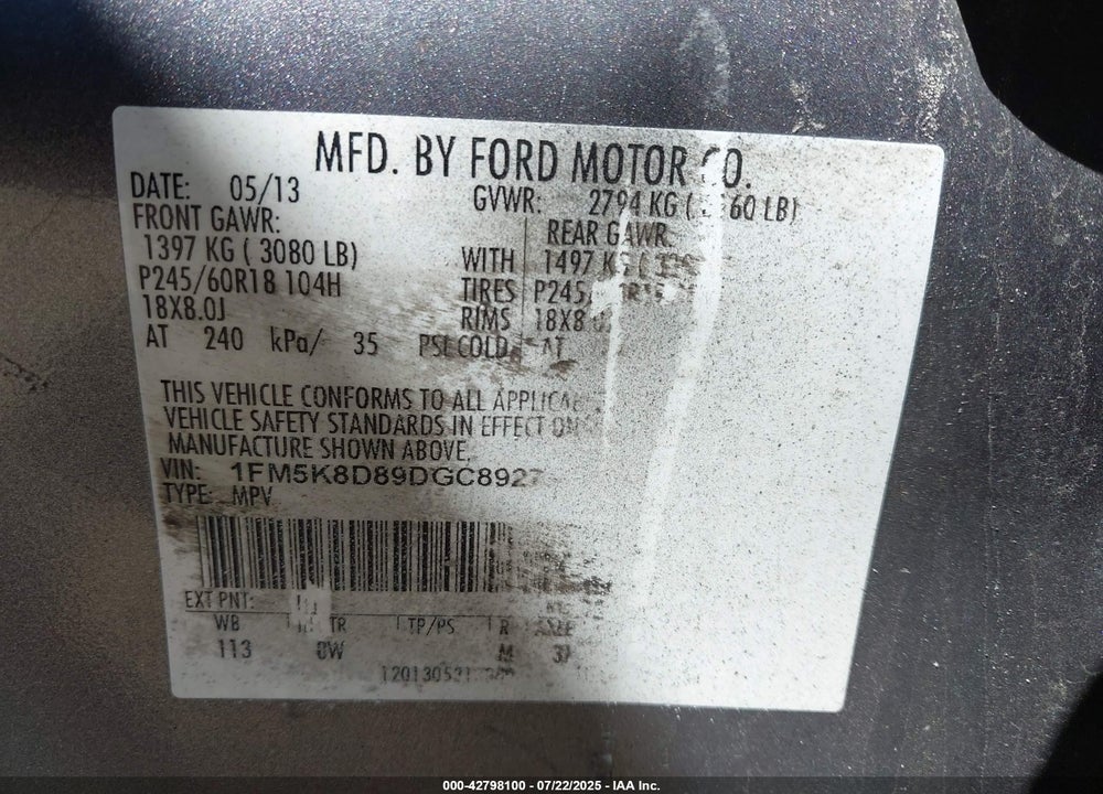 2013 FORD EXPLORER VIN: 1FM5K8D89DGC89273