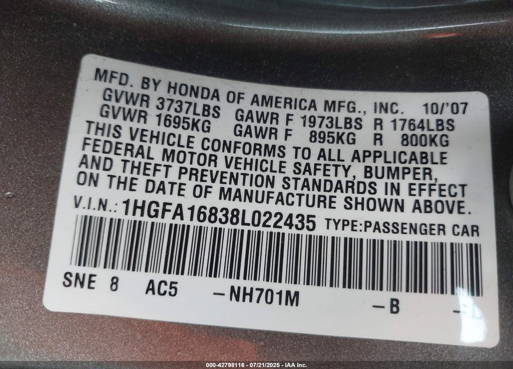 2008 HONDA CIVIC VIN: 1HGFA16838L022435