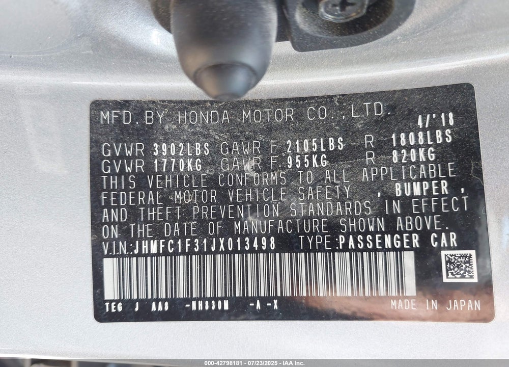 2018 HONDA CIVIC VIN: JHMFC1F31JX013498
