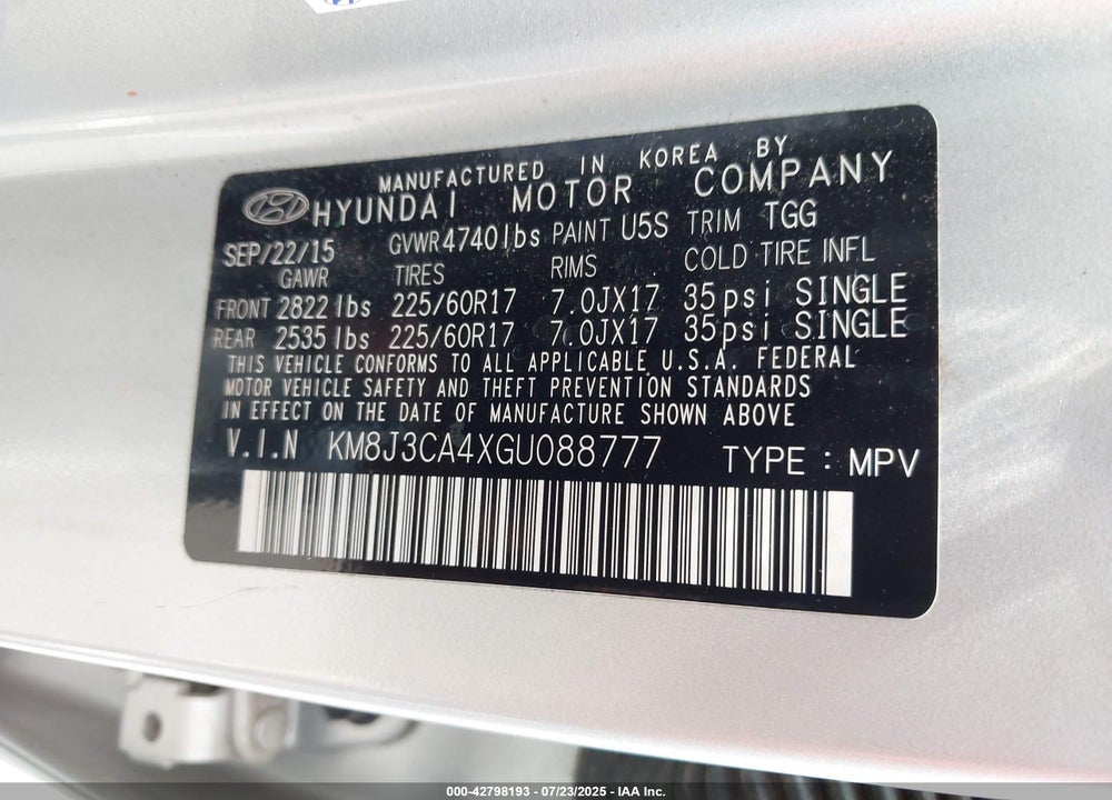 2016 HYUNDAI TUCSON SE VIN: KM8J3CA4XGU088777