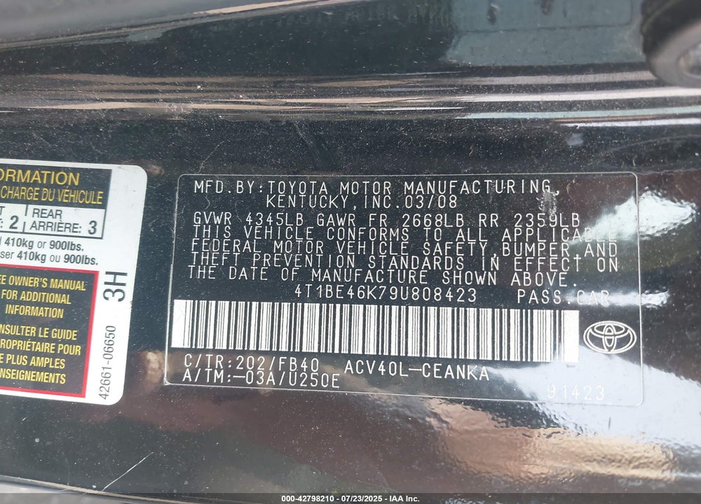 2009 TOYOTA CAMRY VIN: 4T1BE46K79U808423