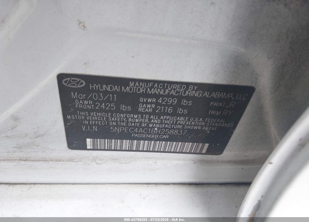 2011 HYUNDAI SONATA VIN: 5NPEC4AC1BH258837