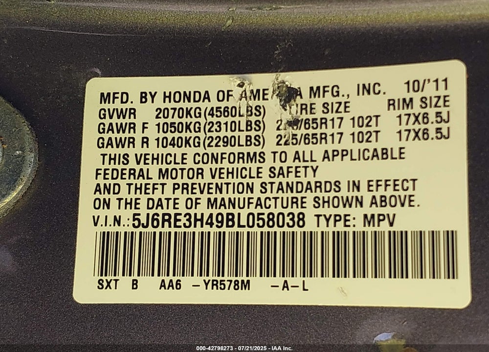2011 HONDA CR-V VIN: 5J6RE3H49BL058038