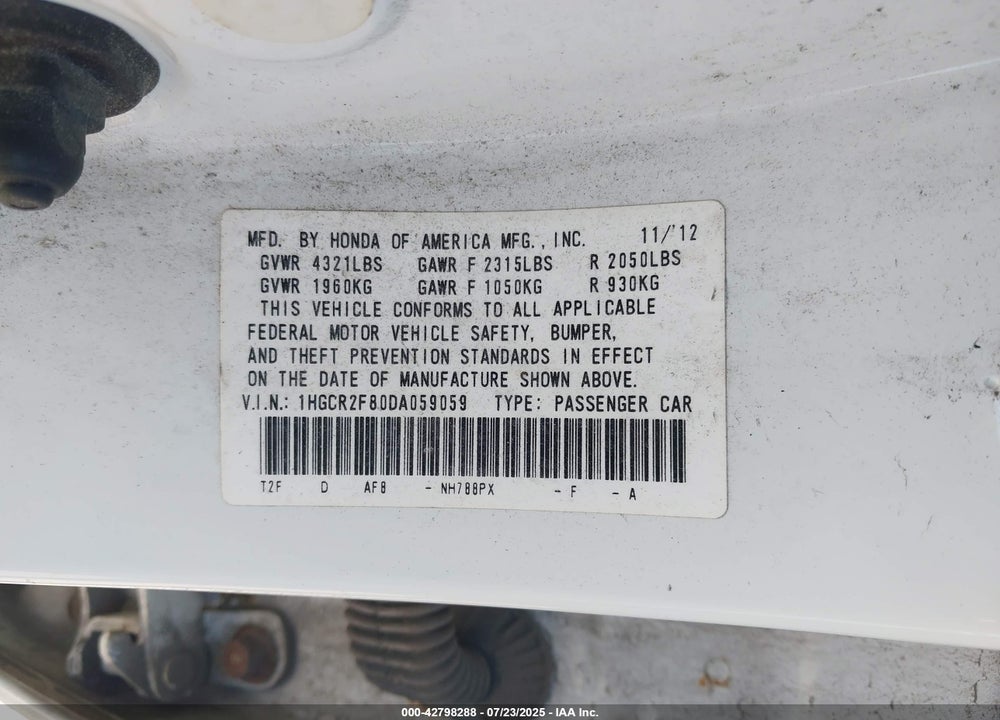2013 HONDA ACCORD VIN: 1HGCR2F80DA059059
